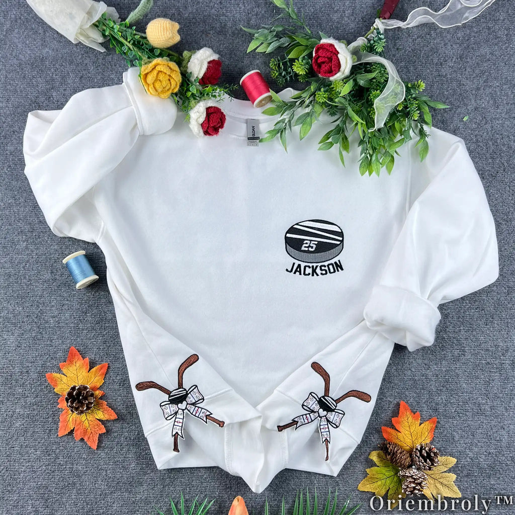 Custom Hockey Puck Embroidered Sweatshirt, Personalized Name Number Crewneck, Hockey Player Gift, Hockey Mom Sweater