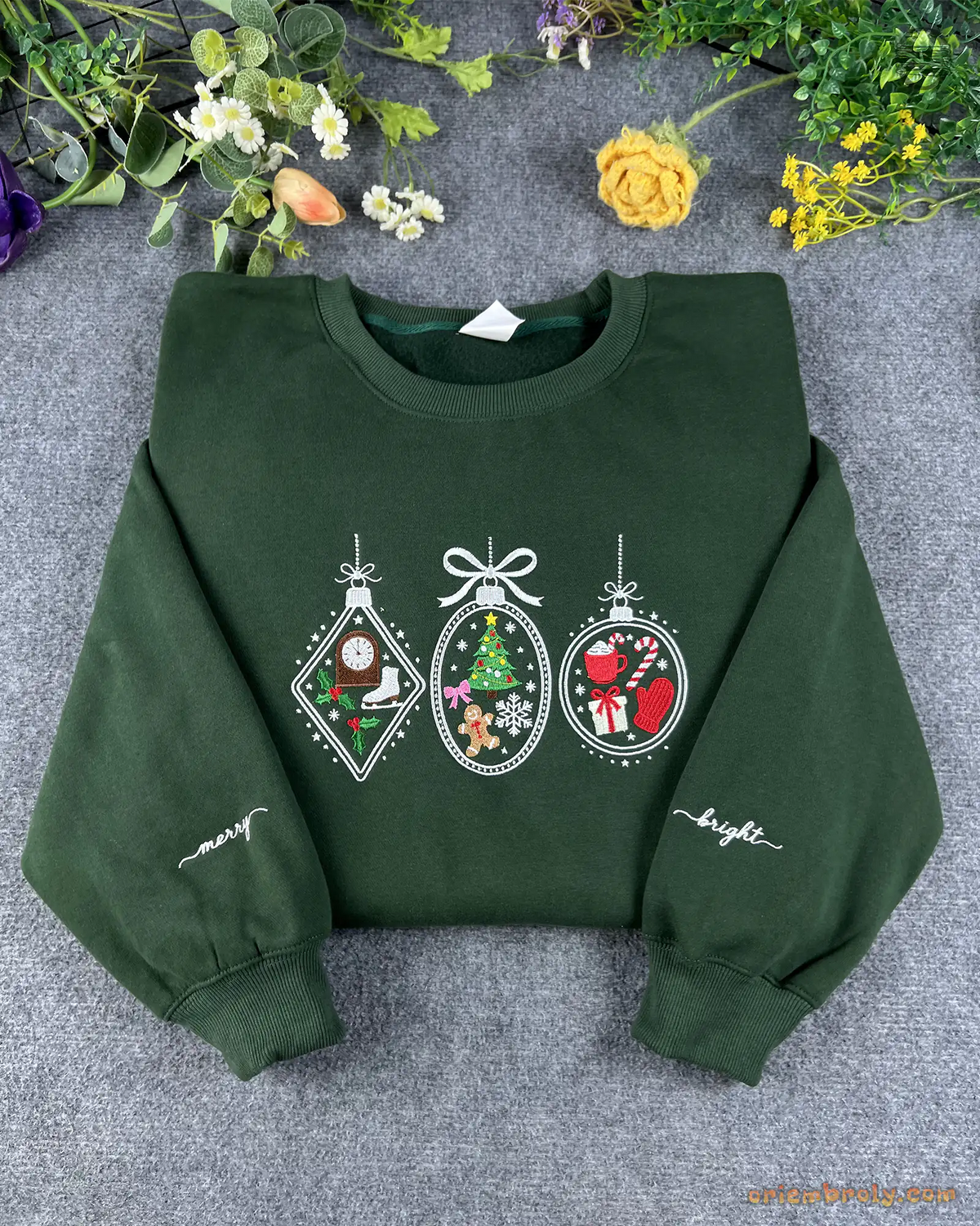 Merry Bright Christmas Baubles Ornaments Embroidered Forest Green Crewneck Sweatshirt