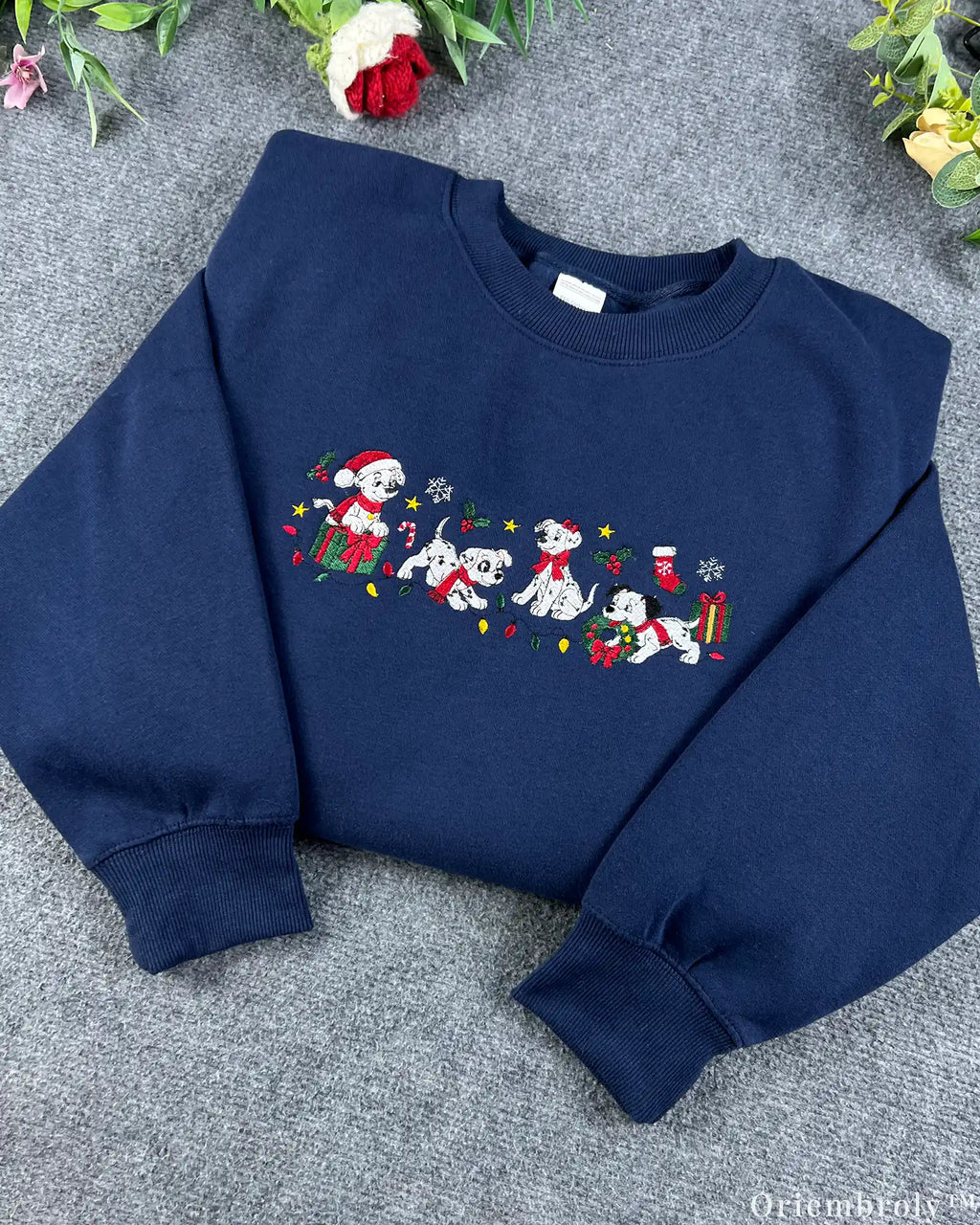 Festive Dalmatian Puppies Santa Hats Christmas Embroidered Crewneck Sweatshirt