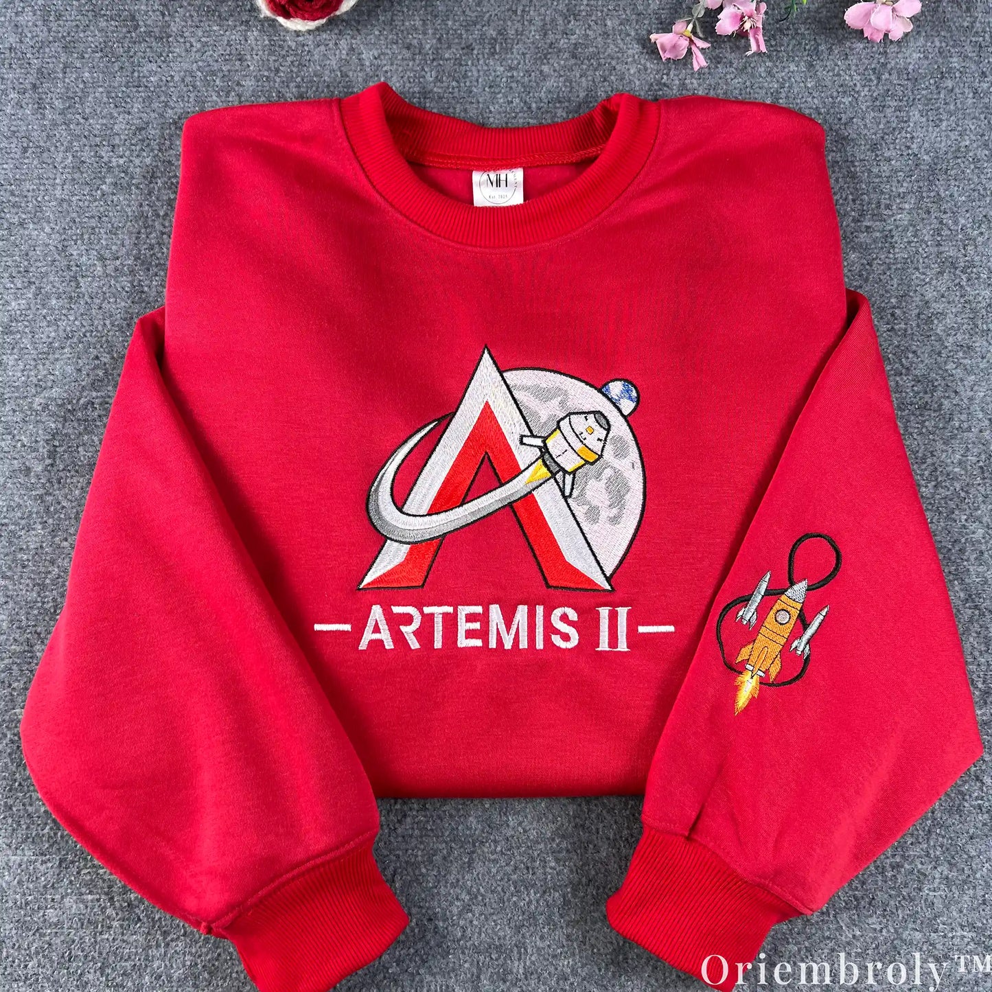 NASA Artemis II Embroidered Sweatshirt – Space Mission Crewneck, Red Pullover