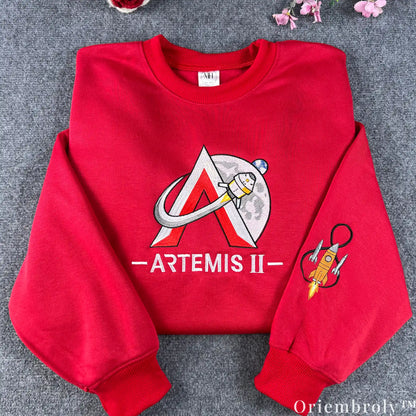 NASA Artemis II Embroidered Sweatshirt – Space Mission Crewneck, Red Pullover