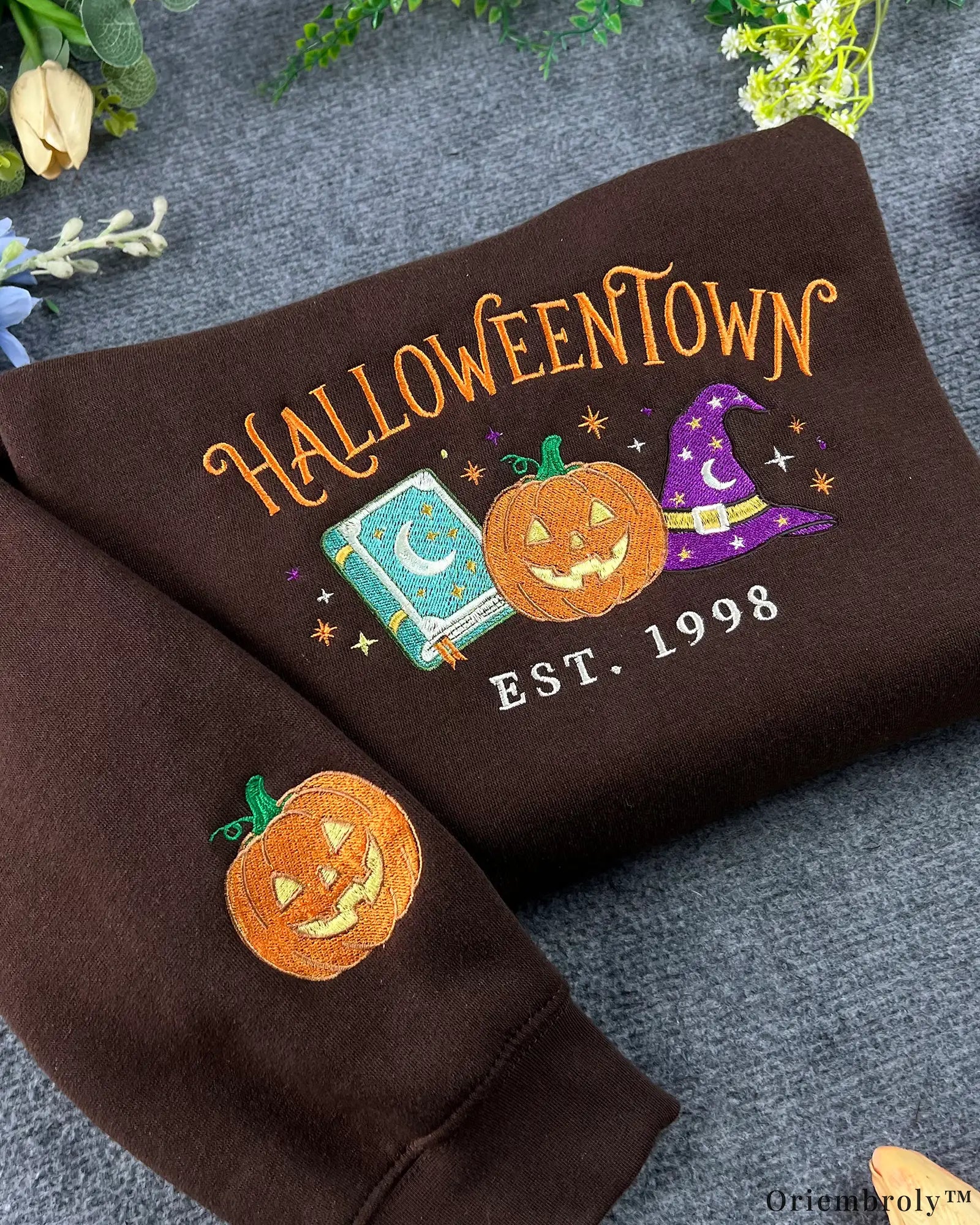 Spooky Town Est. 1998 Embroidered Crewneck Sweatshirt, Magical Halloween Pumpkin Design