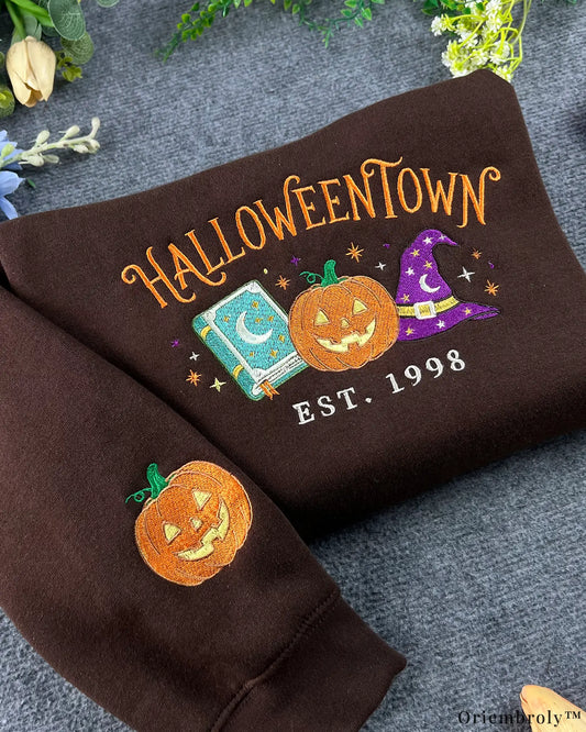 Spooky Town Est. 1998 Embroidered Crewneck Sweatshirt, Magical Halloween Pumpkin Design