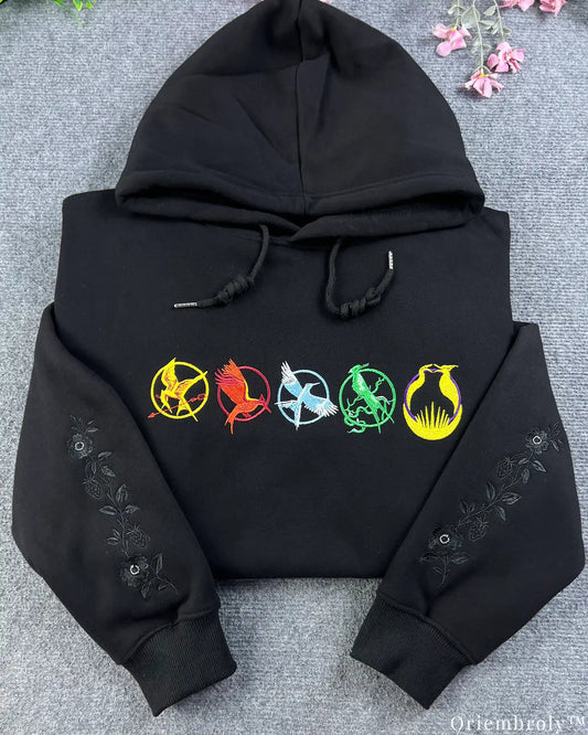 Dark Fantasy Mockingjay Emblem Embroidered Black Crewneck Sweatshirt