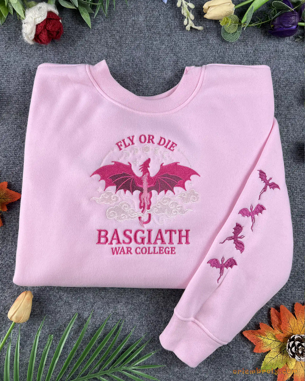 Fly Or Die Dragon Basgiath War College Embroidered Soft Pink Sweatshirt