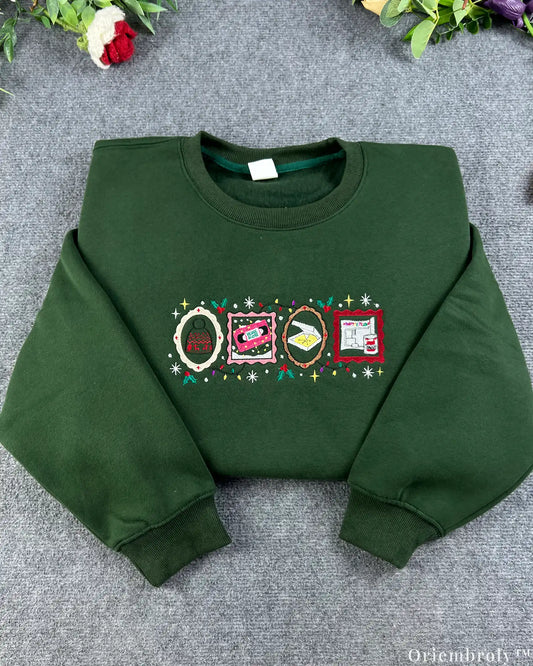 Retro Holiday Movie Night Christmas Icons Embroidered Crewneck Sweatshirt