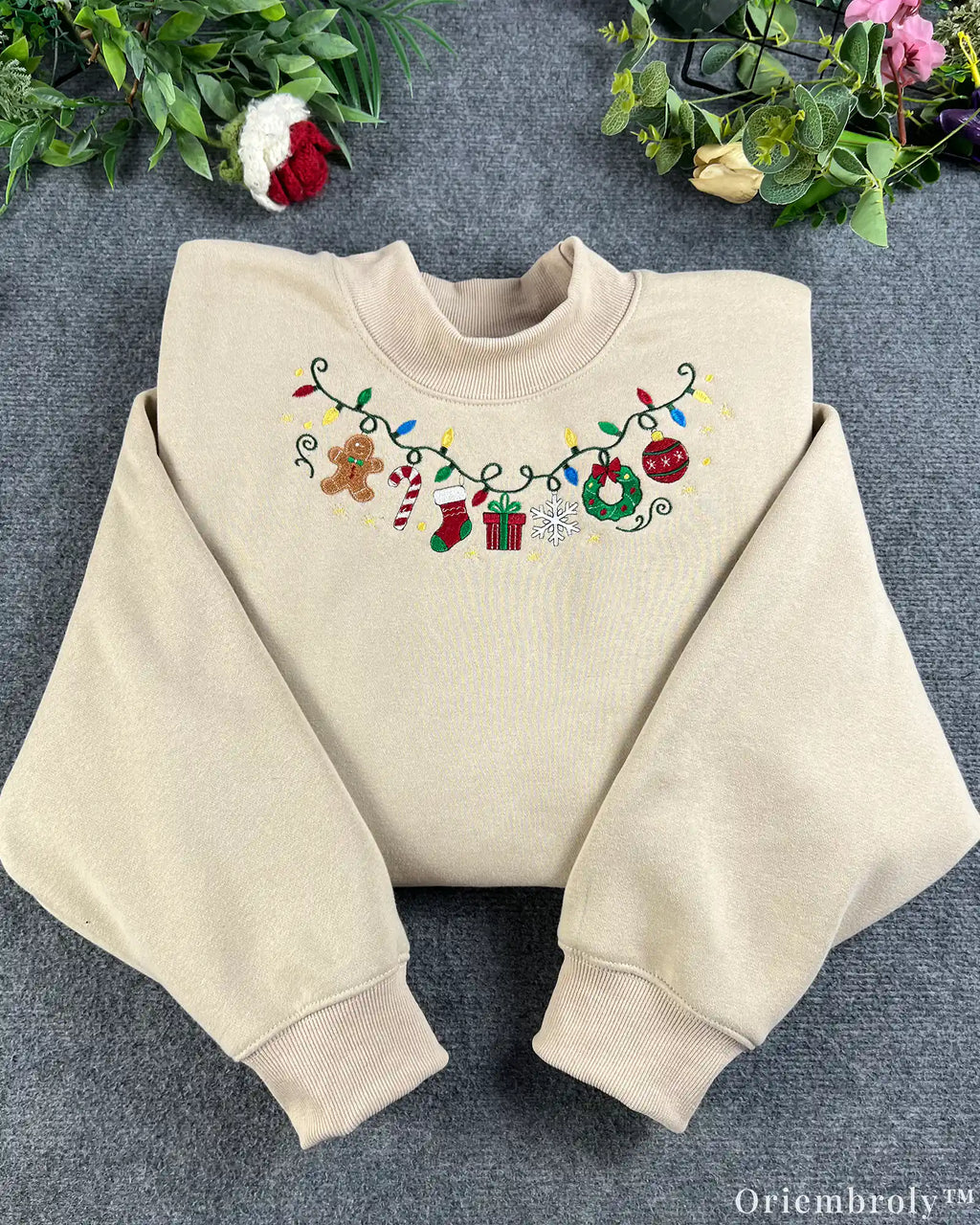 Christmas Garland Holiday Icons Embroidered Mock-Neck Sweatshirt