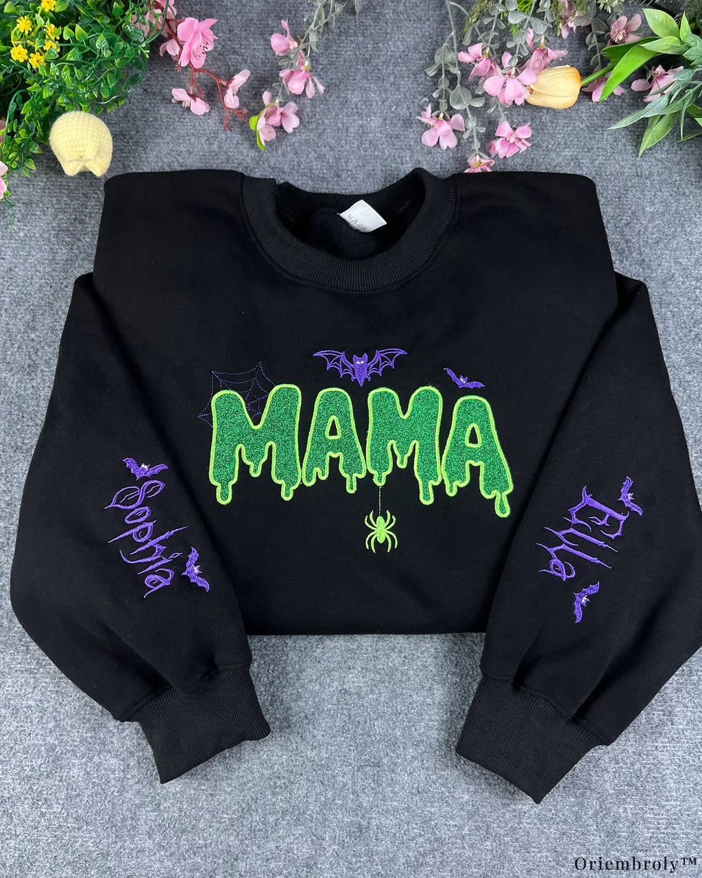 Spooky Dripping Mama Lime Green Glitter Embroidered Black Crewneck Sweatshirt