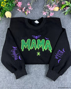 Spooky Dripping Mama Lime Green Glitter Embroidered Black Crewneck Sweatshirt