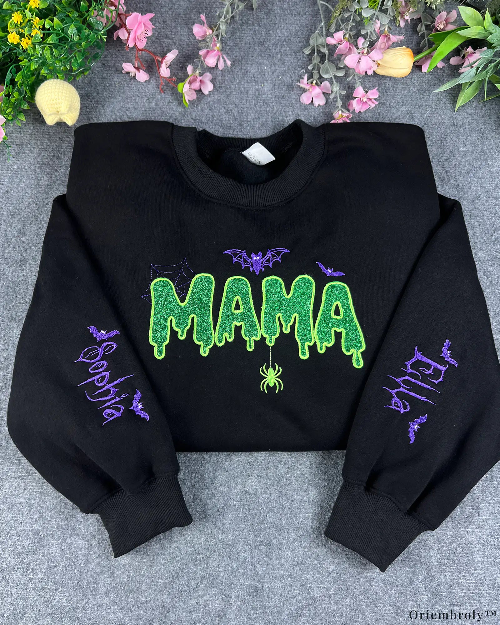 Spooky Dripping Mama Lime Green Glitter Embroidered Black Crewneck Sweatshirt