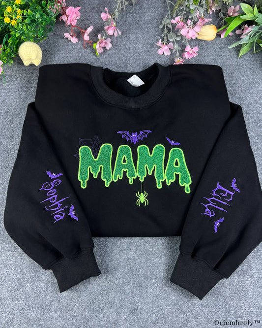 Spooky Dripping Mama Lime Green Glitter Embroidered Black Crewneck Sweatshirt