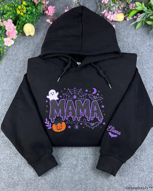 Spooky Dripping Mama Ghost Pumpkin Embroidered Black Pullover Hoodie