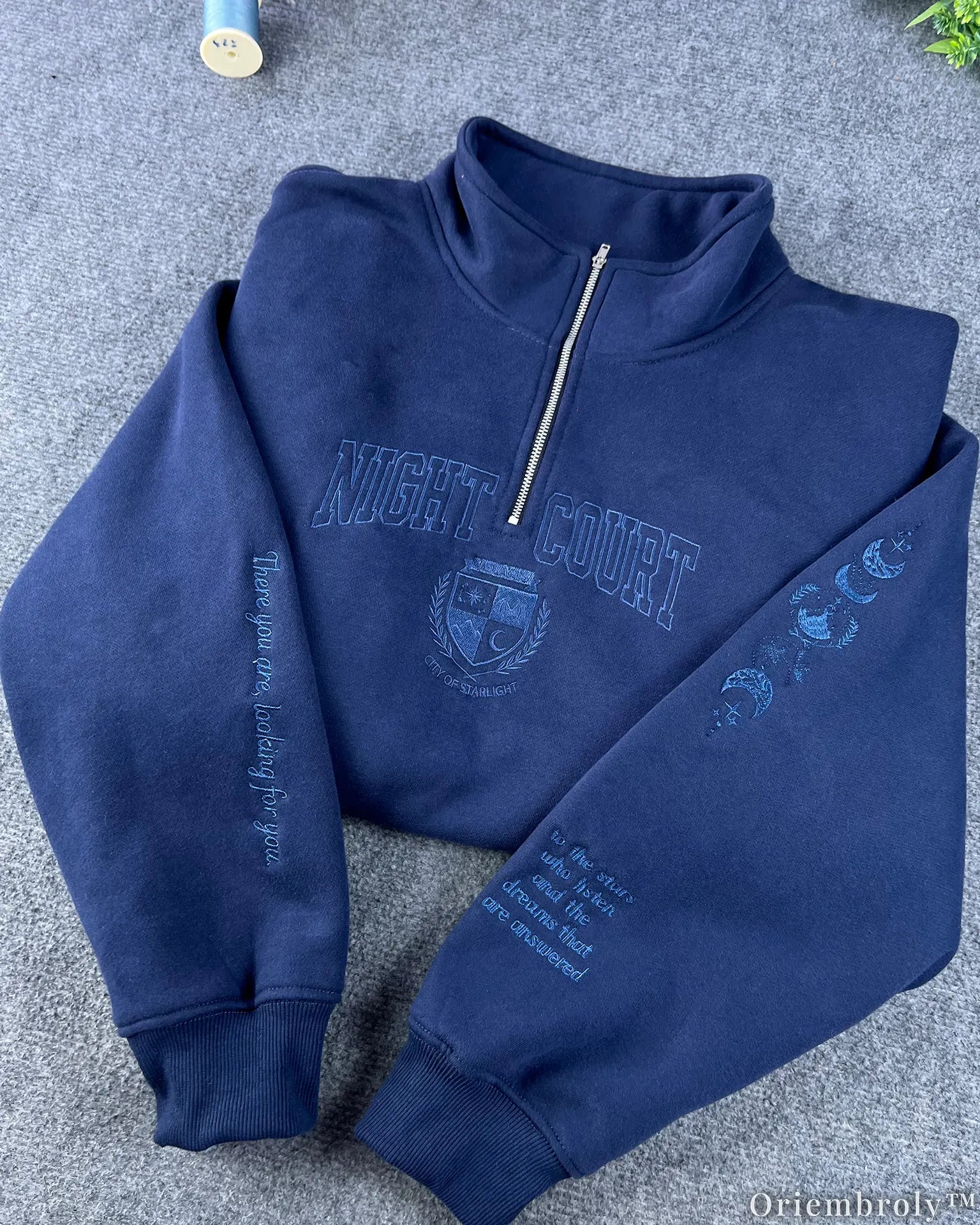 Tone-on-Tone Embroidered Quarter Zip Sweatshirt, Matching Crest & Moon Sleeve Detail, Fantasy Inspired Pullover