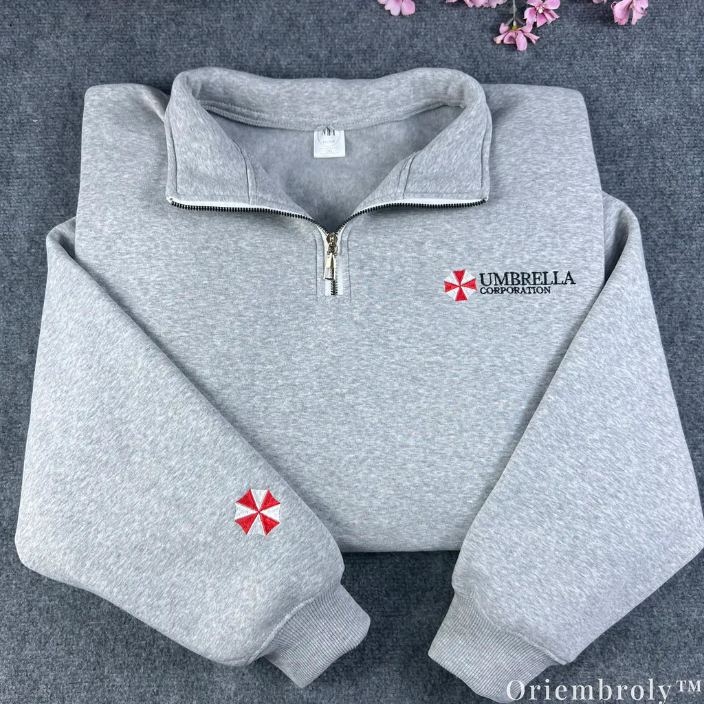 Resident Evil Umbrella Corporation Embroidered Quarter Zip Pullover – Gamer Sweatshirt