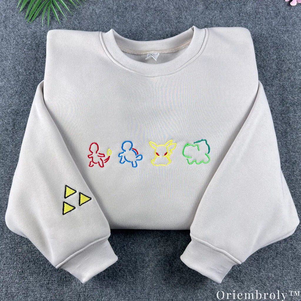Minimalist Pokemon Kanto Starters Embroidered Sweatshirt – Pikachu Anime Cream Crewneck