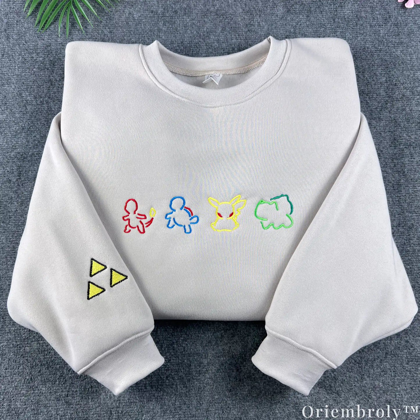 Minimalist Pokemon Kanto Starters Embroidered Sweatshirt – Pikachu Anime Cream Crewneck