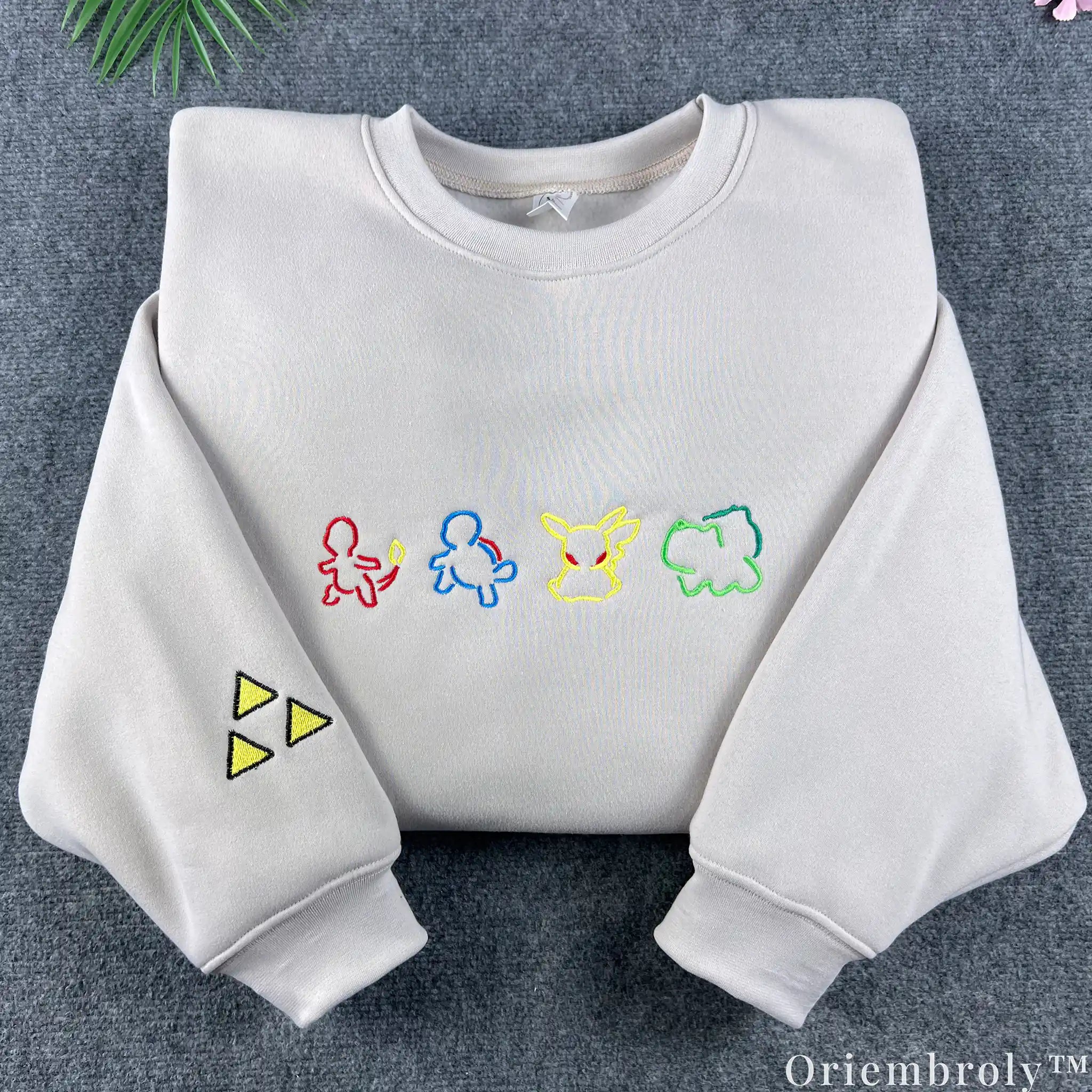 Minimalist Pokemon Kanto Starters Embroidered Sweatshirt – Pikachu Anime Cream Crewneck