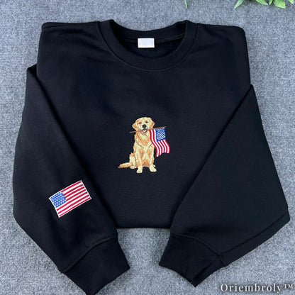 Golden Retriever American Flag Embroidered Sweatshirt – Patriotic Vintage Crewneck