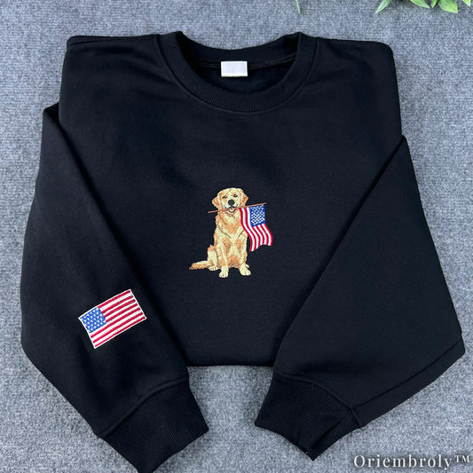 Golden Retriever American Flag Embroidered Sweatshirt – Patriotic Vintage Crewneck