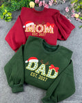 Festive Gingham Plaid Mom and Dad Christmas Embroidered Sweatshirt Set