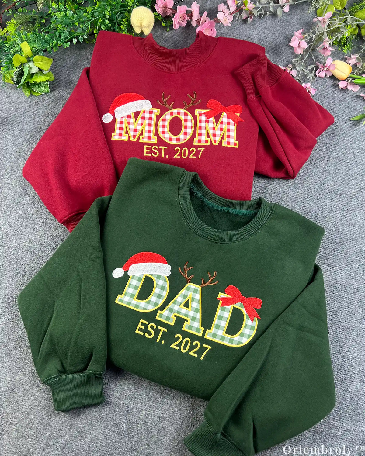 Festive Gingham Plaid Mom and Dad Christmas Embroidered Sweatshirt Set