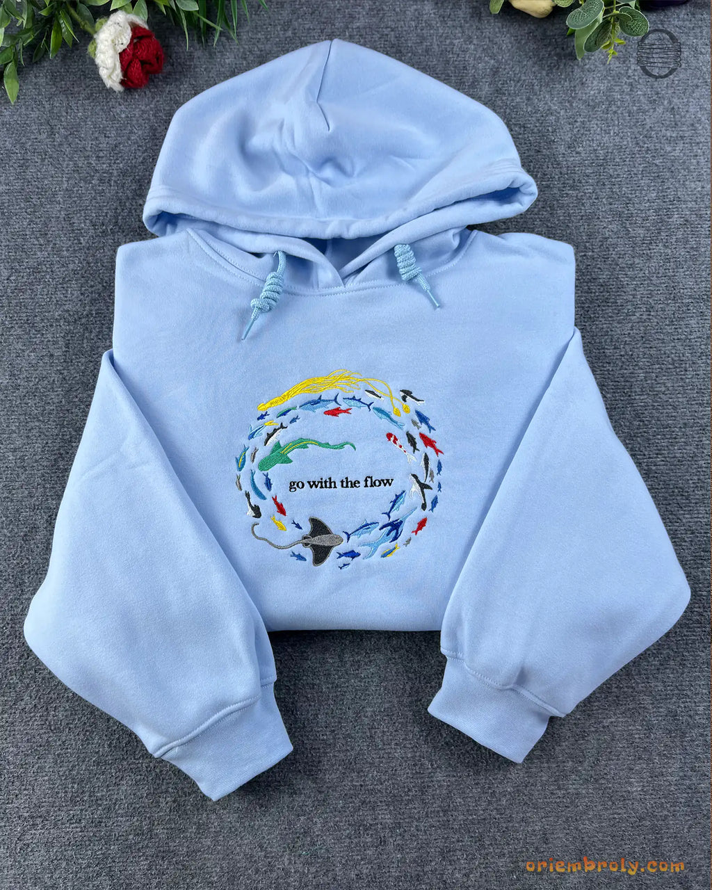Go With The Flow Marine Life Sea Turtle Manta Ray Embroidered Light Blue Hoodie