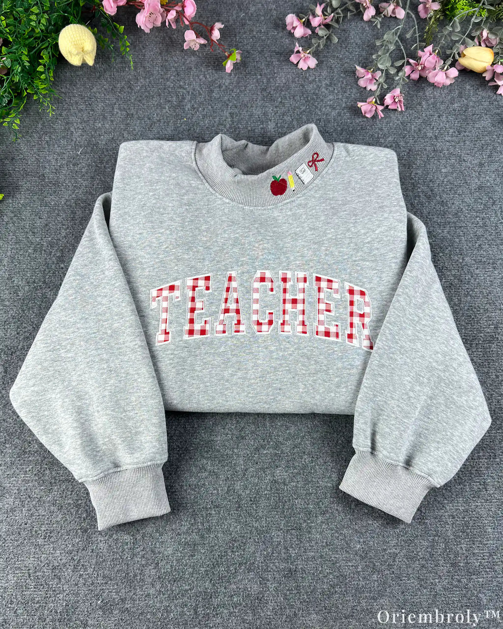 Teacher Gingham Plaid Varsity Applique Mock-Neck Sweatshirt