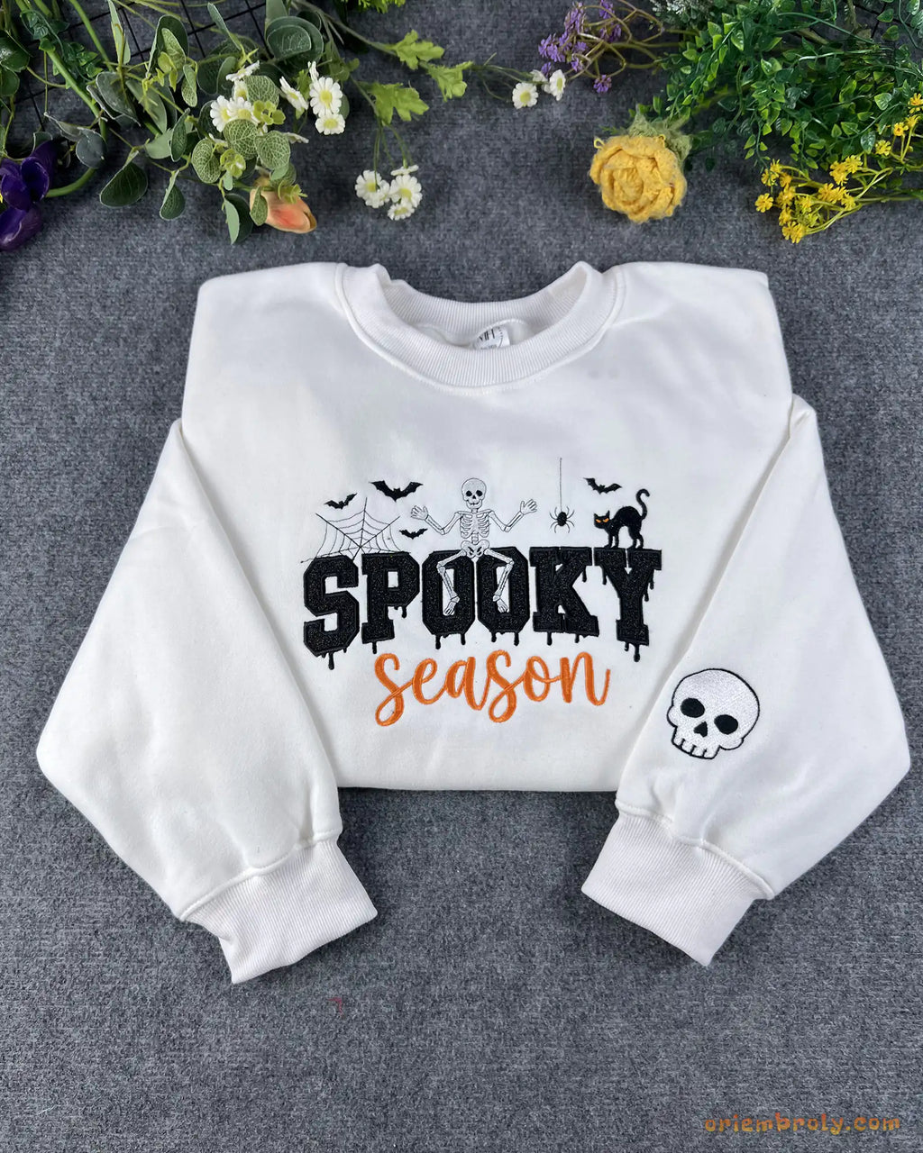 Spooky Season Skeleton Black Cat Embroidered White Crewneck Sweatshirt