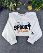 Spooky Season Skeleton Black Cat Embroidered White Crewneck Sweatshirt