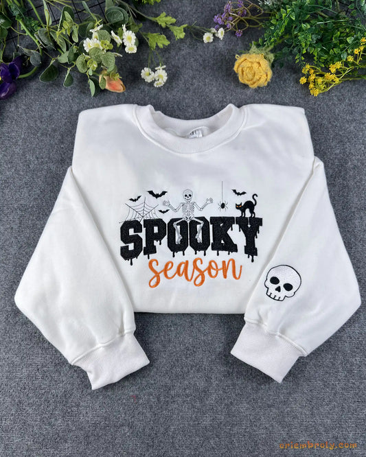 Spooky Season Skeleton Black Cat Embroidered White Crewneck Sweatshirt