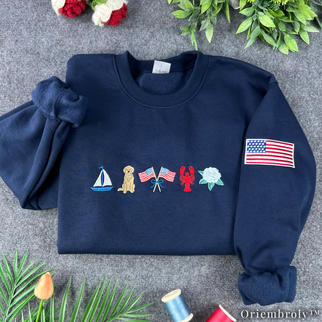 New England Coastal Embroidered Sweatshirt – Vintage Old Money Crewneck