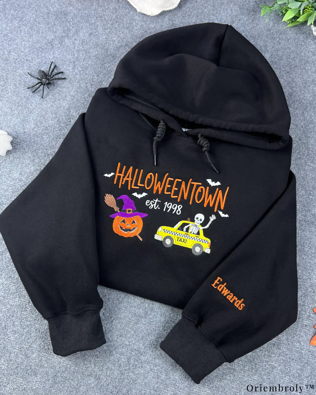 Personalized Halloween Embroidered Hoodie with Spooky Skeleton Taxi & Custom Name