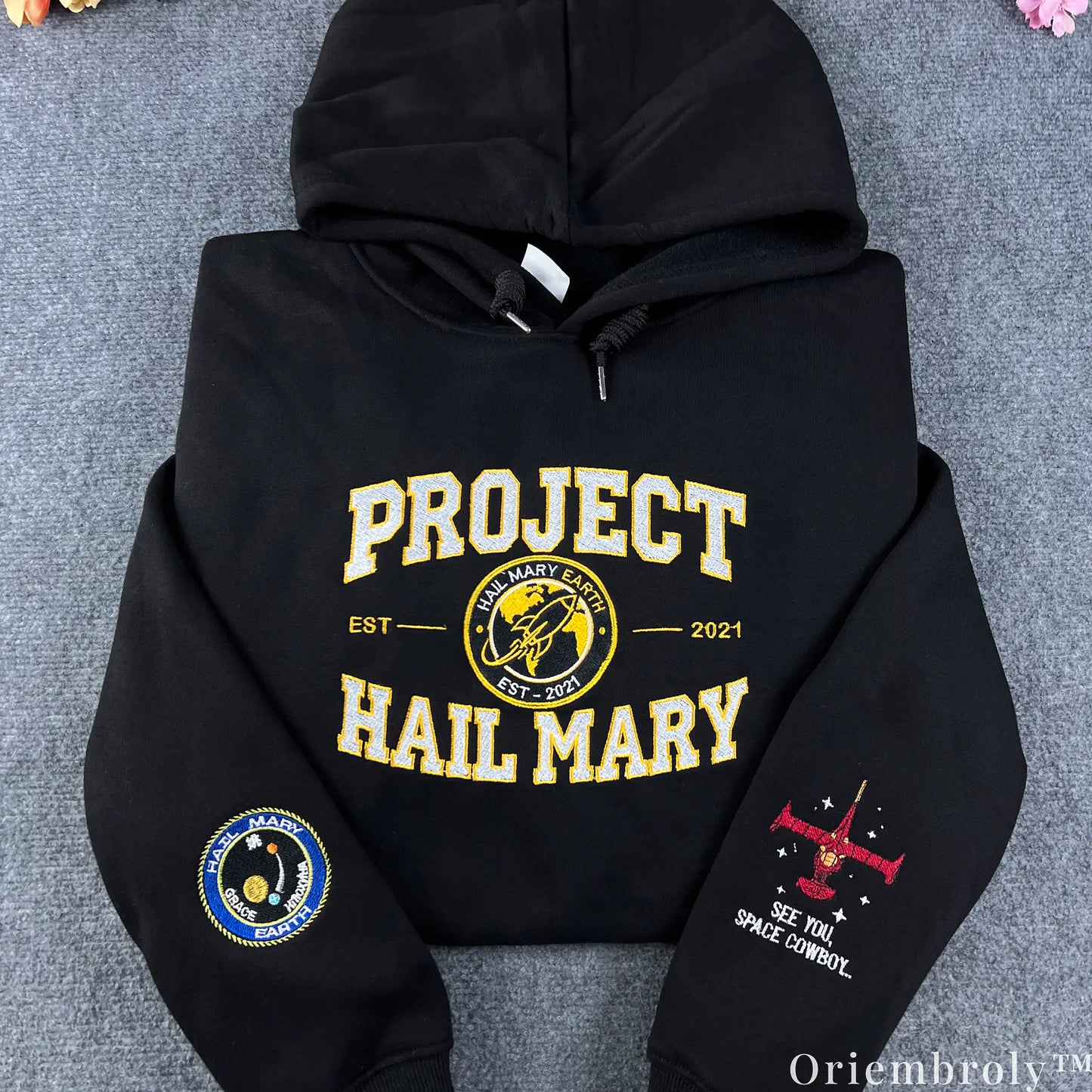 Project Hail Mary x Cowboy Bebop Embroidered Hoodie – Space Cowboy Anime Sweatshirt