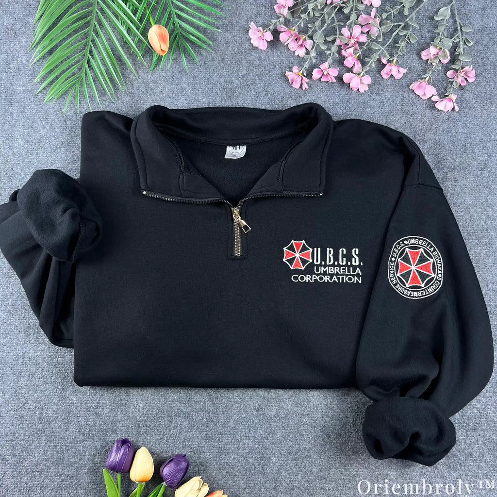 Resident Evil Umbrella Corp UBCS Embroidered Quarter Zip – Biohazard Tactical Pullover
