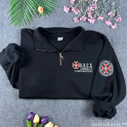Resident Evil Umbrella Corp UBCS Embroidered Quarter Zip – Biohazard Tactical Pullover