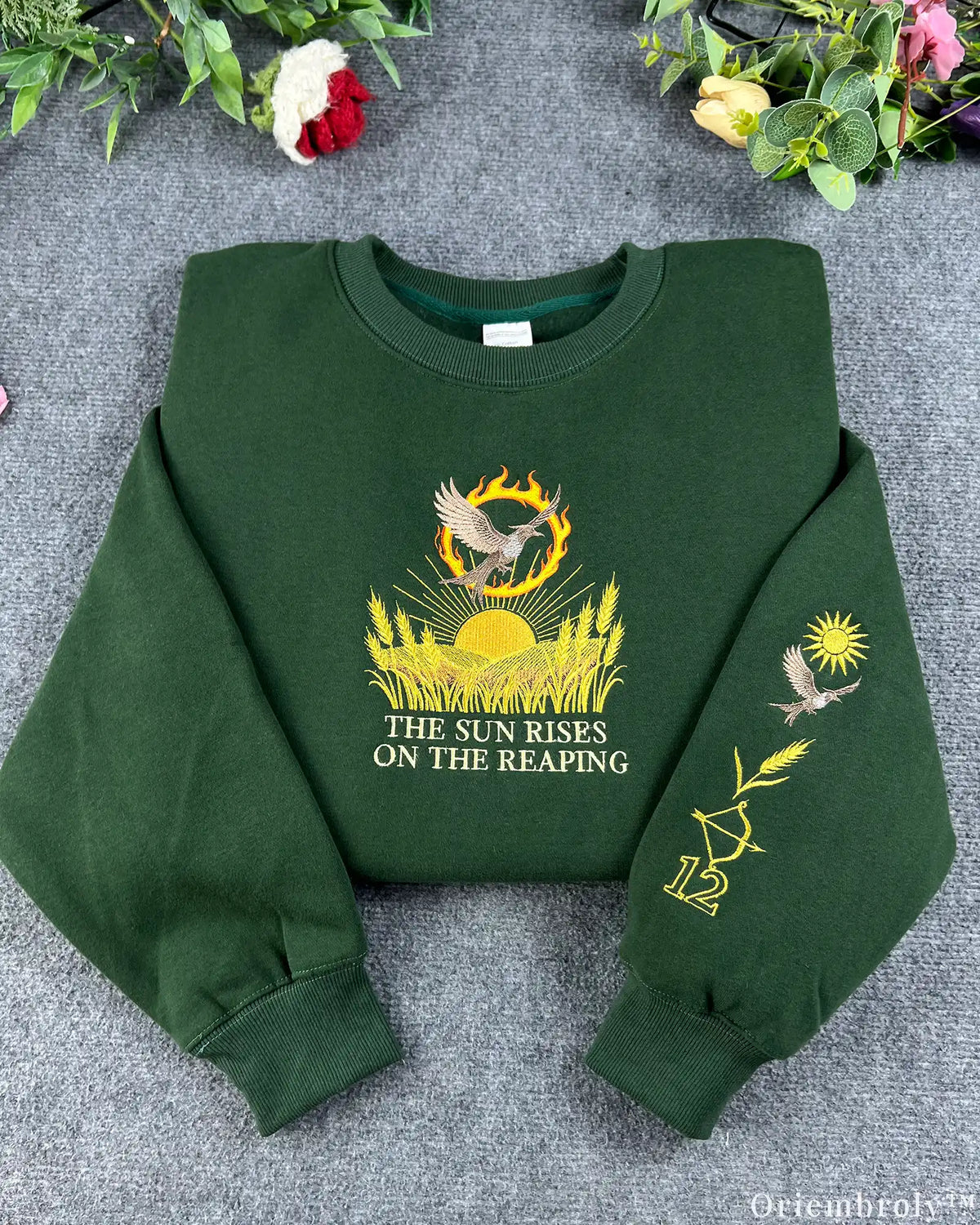 Fiery Bird Sunrise Reaping Crest Embroidered Crewneck Sweatshirt