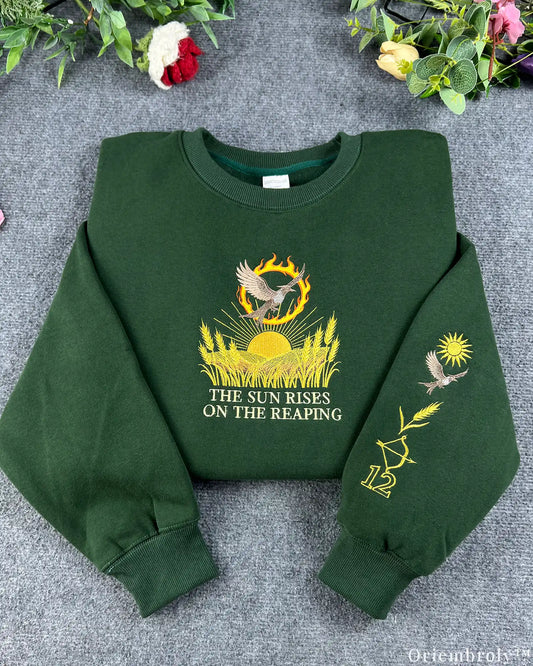 Fiery Bird Sunrise Reaping Crest Embroidered Crewneck Sweatshirt