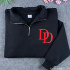 Daredevil DD Logo Embroidered Quarter Zip Pullover – Black Minimalist Marvel Sweatshirt