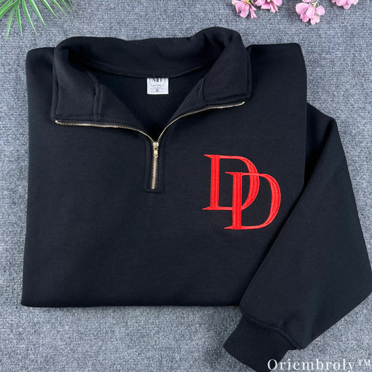 Daredevil DD Logo Embroidered Quarter Zip Pullover – Black Minimalist Marvel Sweatshirt
