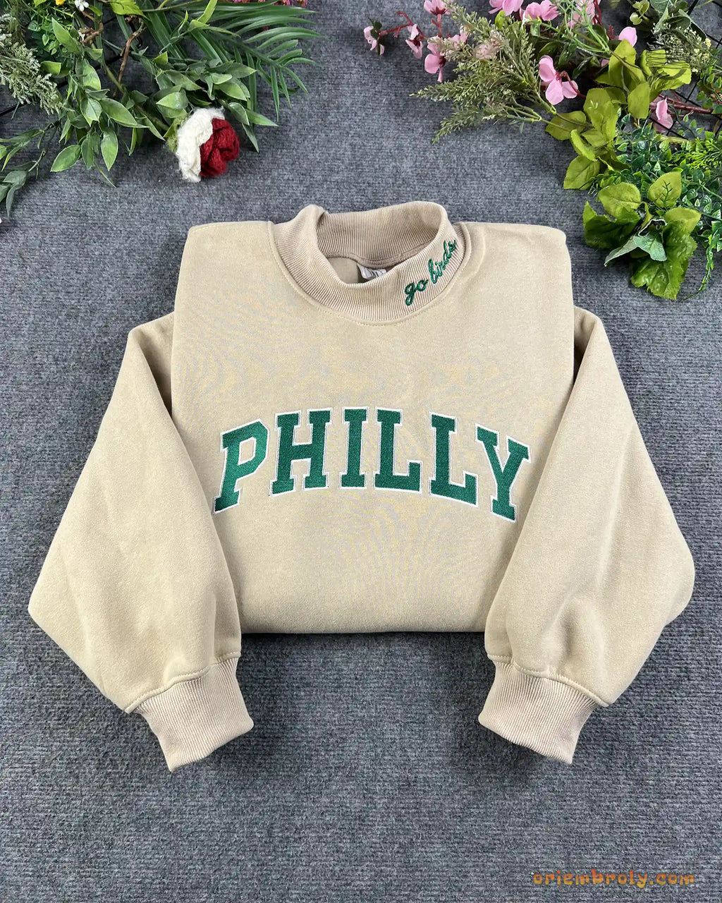 Philly Game Day Varsity Applique Embroidered Light Grey Mock Neck Sweatshirt