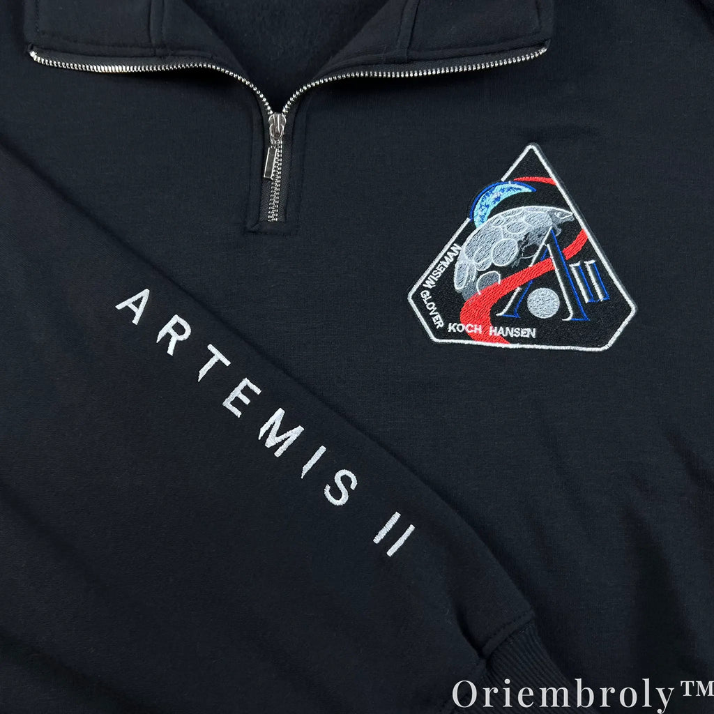 NASA Artemis II Embroidered Quarter Zip – Space Mission Pullover Sweatshirt