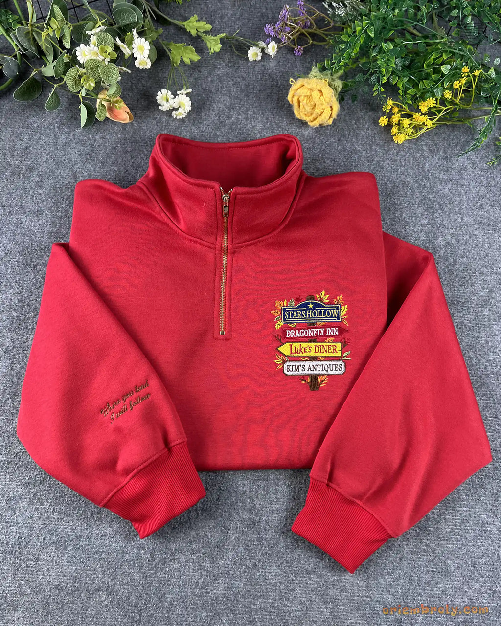 Stars Hollow Directional Signpost Embroidered Red and Black Crewneck Sweatshirt