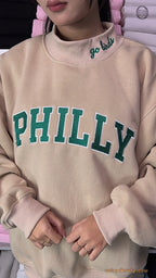 Philly Game Day Varsity Applique Embroidered Light Grey Mock Neck Sweatshirt