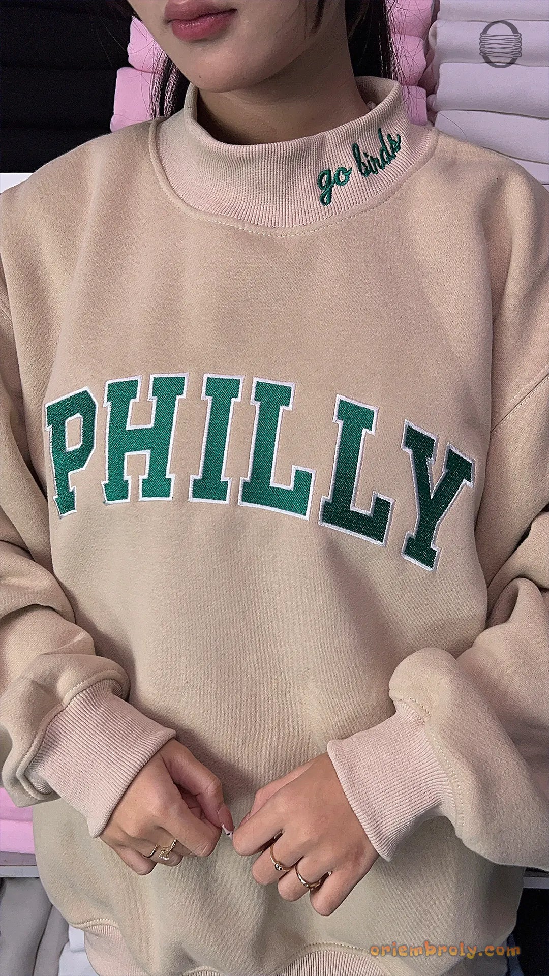 Philly Game Day Varsity Applique Embroidered Light Grey Mock Neck Sweatshirt