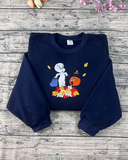 Cute Spooky Pumpkin Embroidery Sweatshirt – Autumn Halloween Merch