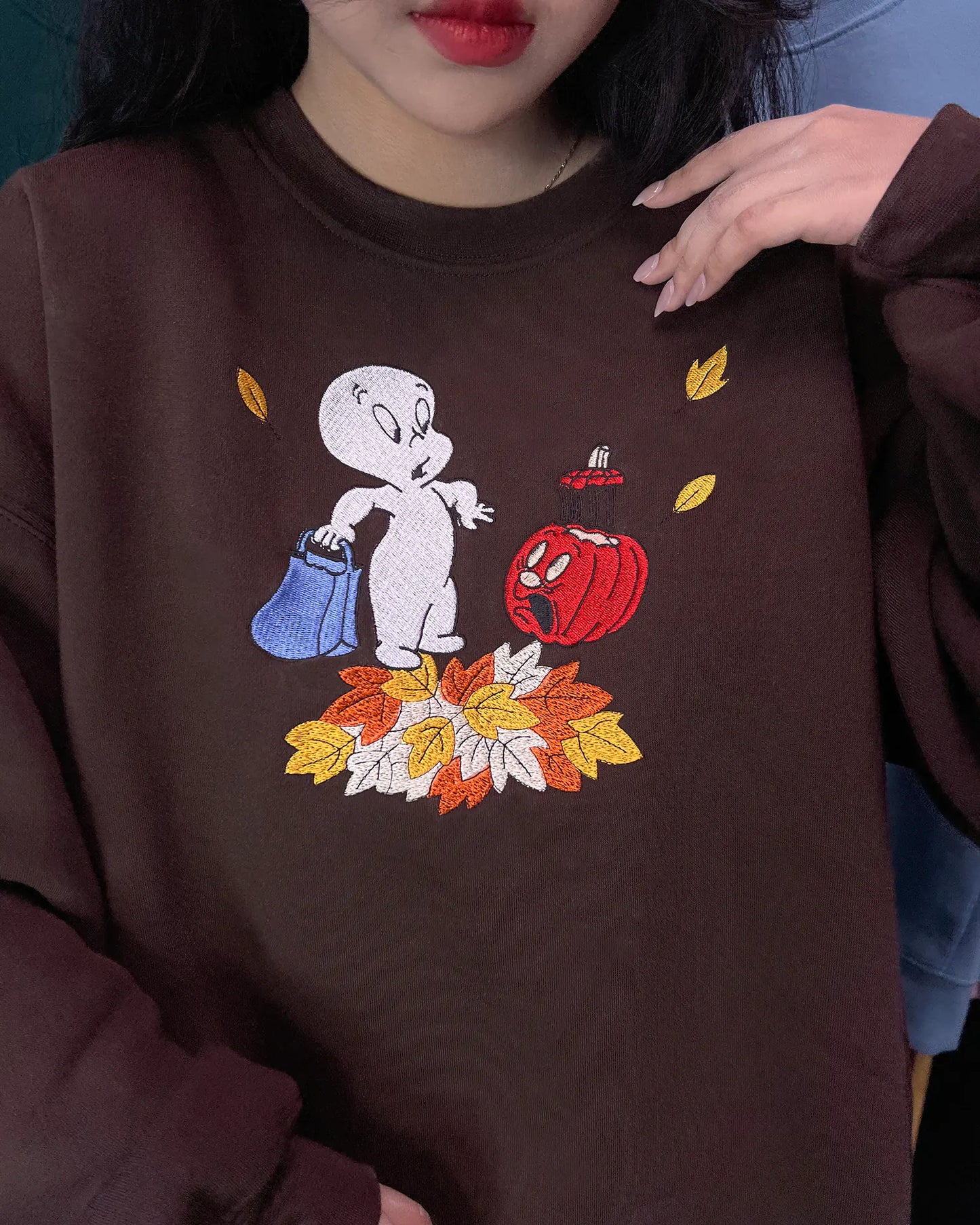 Cute Spooky Pumpkin Embroidery Sweatshirt – Autumn Halloween Merch