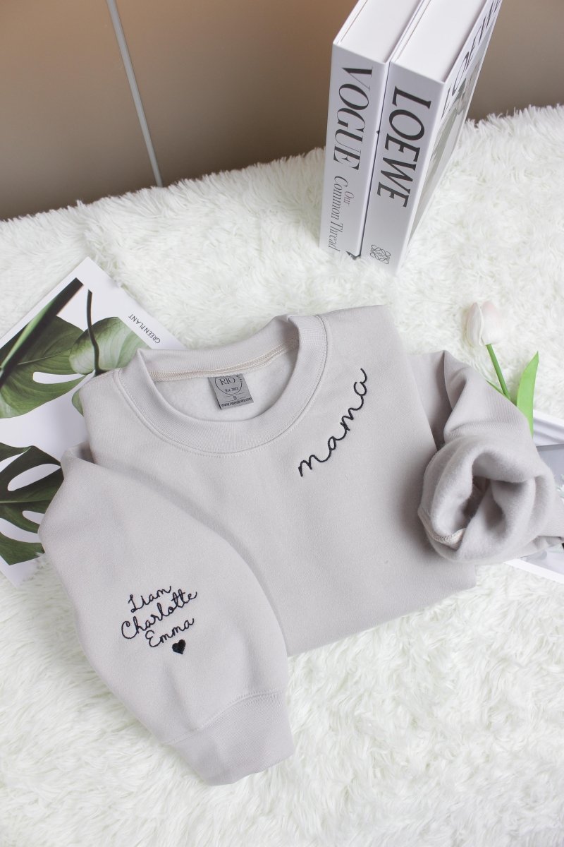 Embroidered Custom Mama Sweatshirt with Children Name on Sleeve