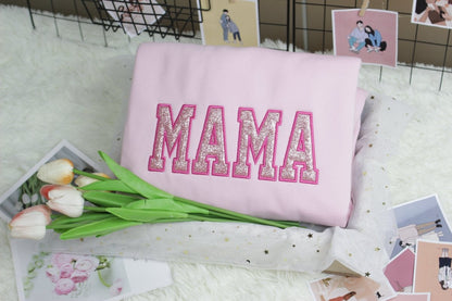 MAMA Embroidered Sweatshirt Embroidered Applique Glitter Crewneck