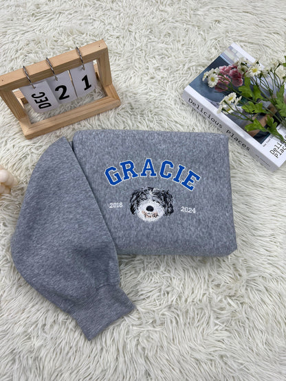 Custom Embroidered Sweatshirt with "GRACIE" Pet Portrait