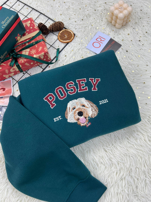 Custom Embroidered Sweatshirt with "POSEY" Pet Portrait